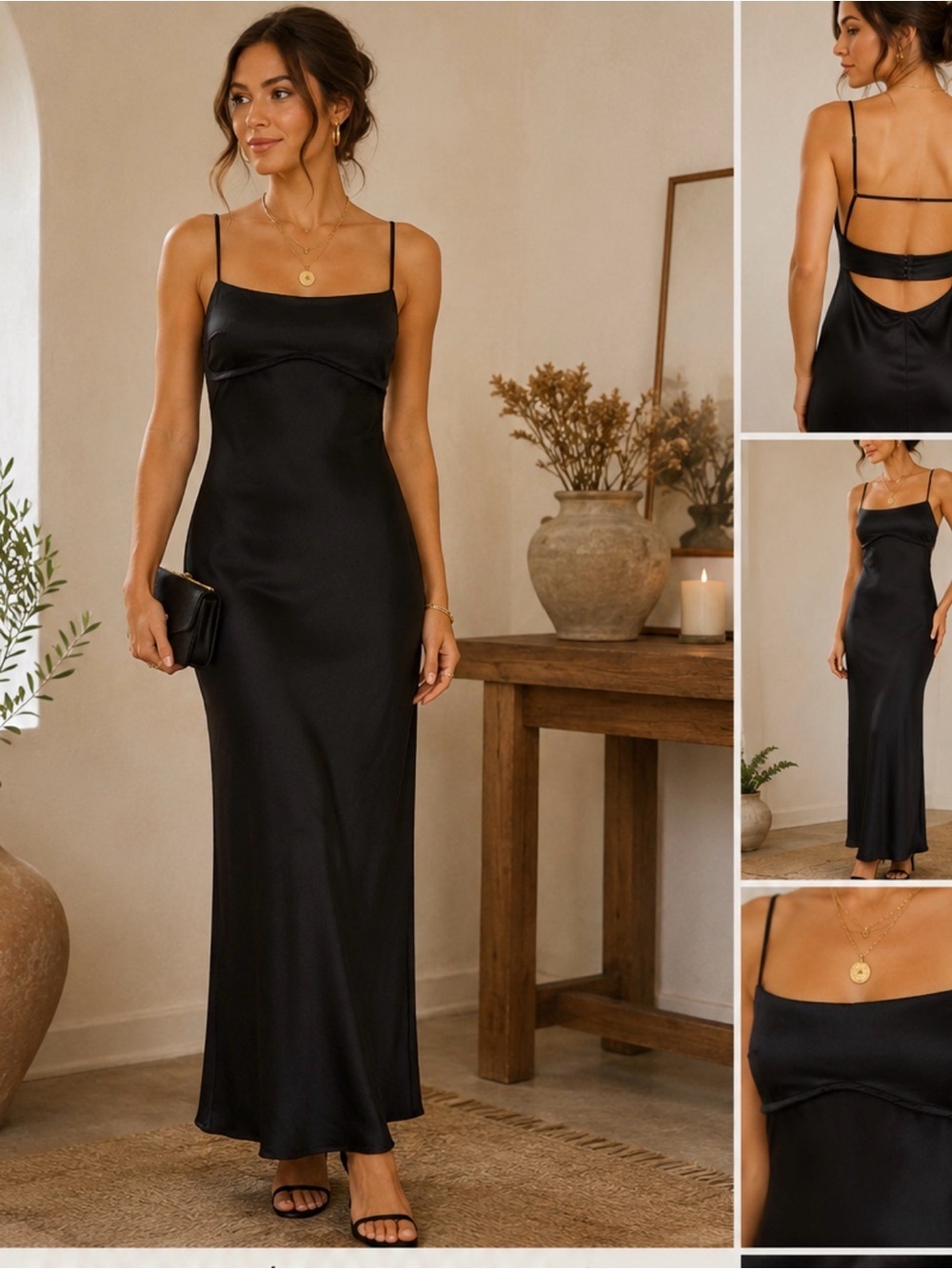 Elegant Black Satin Slip Dress with Spaghetti Straps